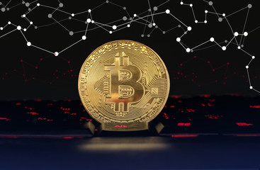 Golden bitcoin on dark background with red keyboard buttons and blockchain. Concept Blockchain, cryptocurrencies