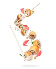 Fotobehang Fresh sushi rolls with salmon pieces in high resolution on white background © Krafla