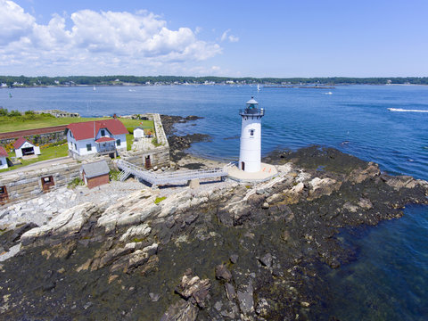 Portsmouth Harbor Lighthouse And Fort Constitution State Historic Site Aerial View In Summer, New Castle, New Hampshire, USA.