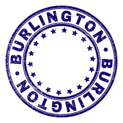 BURLINGTON stamp seal watermark with grunge texture. Designed with circles and stars. Blue vector rubber print of BURLINGTON title with corroded texture.