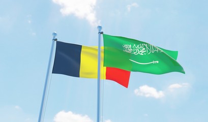 Saudi Arabia and Belgium, two flags waving against blue sky. 3d image