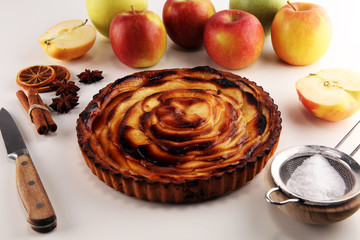 Apple tart. Gourmet traditional holiday apple pie sweet baked dessert food with cinnamon and apples...
