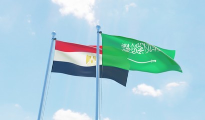 Saudi Arabia and Egypt, two flags waving against blue sky. 3d image