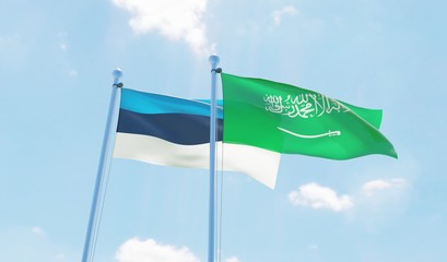 Saudi Arabia and Estonia, two flags waving against blue sky. 3d image