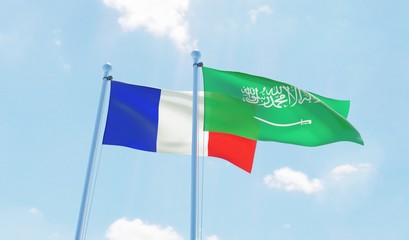 Saudi Arabia and France, two flags waving against blue sky. 3d image