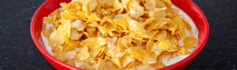 Healthy, bright start as a breakfast header - bowl of cornflakes panorama.