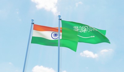 Saudi Arabia and India, two flags waving against blue sky. 3d image
