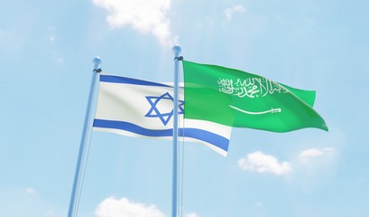 Saudi Arabia and Israel, two flags waving against blue sky. 3d image