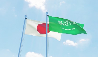 Saudi Arabia and Japan, two flags waving against blue sky. 3d image
