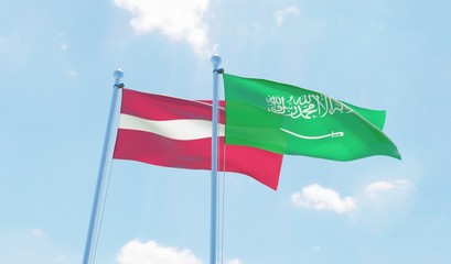 Saudi Arabia and Latvia, two flags waving against blue sky. 3d image