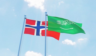 Saudi Arabia and Norway, two flags waving against blue sky. 3d image