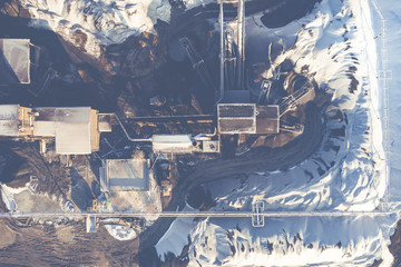 Aerial view over the sandpit. Industrial place in Poland. Photo captured with drone.