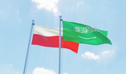 Saudi Arabia and Poland, two flags waving against blue sky. 3d image