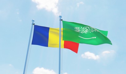 Saudi Arabia and Romania, two flags waving against blue sky. 3d image