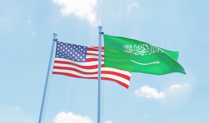 Saudi Arabia and USA, two flags waving against blue sky. 3d image