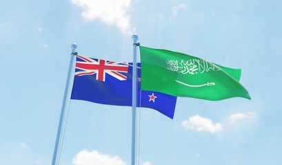 Saudi Arabia and New Zealand, two flags waving against blue sky. 3d image