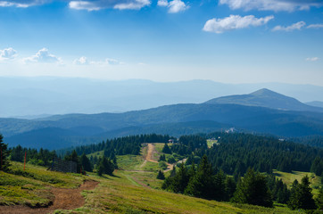 Fototapeta na wymiar Mountain road through green meadows and hills of mountain Kopaonik, Serbia, in summer