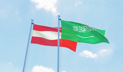 Saudi Arabia and Austria, two flags waving against blue sky. 3d image