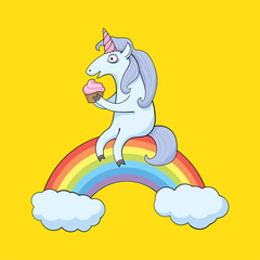 Cartoon unicorn sitting on rainbow and eat cupcake. Illustration for card, t-shirt print, poster, party invites. Children's illustration. Funny animals. Vector image.