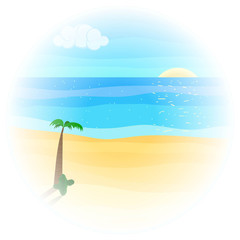 Fototapeta na wymiar Summer Seascape. Blue Ocean and Yellow Sand Beach. Poster in a Flat Style. Raster Illustration