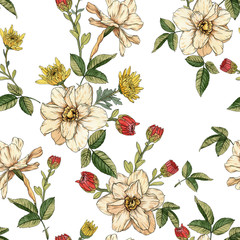 Naklejki  Floral seamless pattern with watercolor narcissus and chrysanthemums