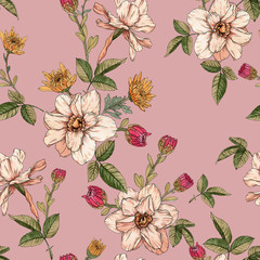 Floral seamless pattern with watercolor narcissus and chrysanthemums