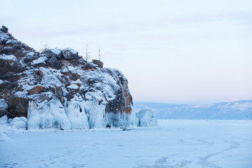 Icicles in Olkhon island. Lake Baikal. Winter landscape
