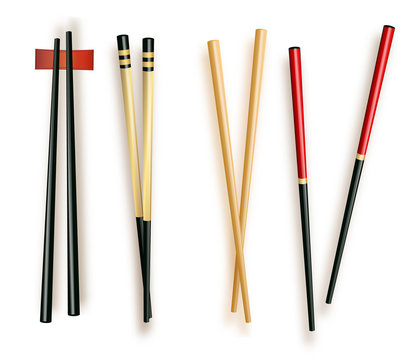 Realistic 3d Food Chopsticks Set Different Types. Vector illustration of Traditional Asian Bamboo Utensils Color Chopstick