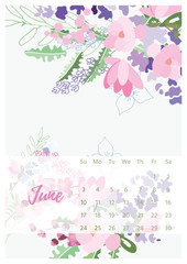 Vintage floral calendar 2018 with bouquet of flowers. illustration.