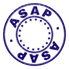 ASAP stamp seal imprint with distress texture. Designed with round shapes and stars. Blue vector rubber print of ASAP text with corroded texture.
