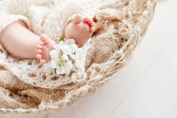 Newborn baby feet on knitted plaid. Closeup picture with copy space.