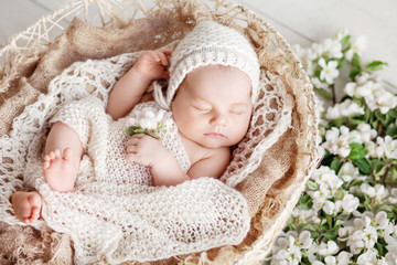 Fototapeta na wymiar Sweet newborn baby sleeps in a basket. Beautiful newborn boy with flowers