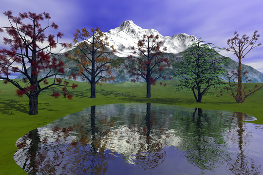 Beautiful trees, an alpine landscape, reflection in the waters of the lake, snowy mountain and a clouds in the sky.