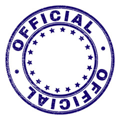 OFFICIAL stamp seal watermark with distress texture. Designed with round shapes and stars. Blue vector rubber print of OFFICIAL tag with retro texture.