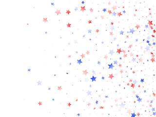 Flying red blue white star sparkles on white vector american patriotic background.