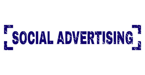SOCIAL ADVERTISING title seal print with distress texture. Text caption is placed between corners. Blue vector rubber print of SOCIAL ADVERTISING with retro texture.