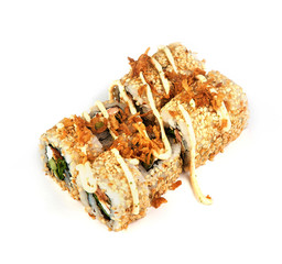 Sushi, roll with sesame seeds and sauce on white background. Japanese food