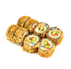 Sushi, hot roll in batter a white background. Japanese food