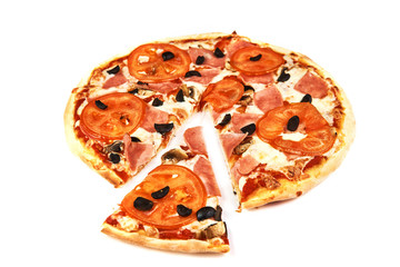 pizza and slice with bacon, tomatoes, olives and mushrooms on white background