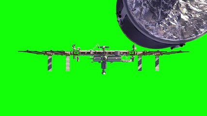 Cargo Spaceship Is Preparing To Dock With International Space Station. Green Screen.. 3D Animation. - Powered by Adobe