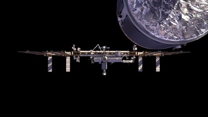 Cargo Spaceship Is Preparing To Dock With International Space Station. With Alpha Channel. 3D Animation. - Powered by Adobe