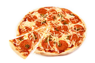 pizza and slice with sausage and jalapeno on white background