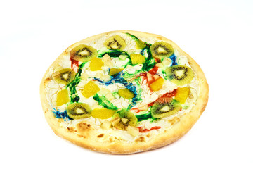 sweet colorful pizza with kiwi, cheese on white background