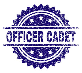 OFFICER CADET stamp seal watermark with distress style. Blue vector rubber print of OFFICER CADET text with unclean texture.