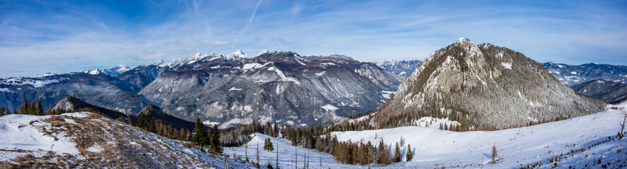 Panoramic view of the mount Rogatec and the Kamnik-Savinja Alps, from the top of the mount Lepenatka, Slovenia