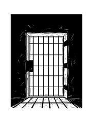 Cartoon doodle drawing illustration of prison or jail door made from iron bars casting shadow.