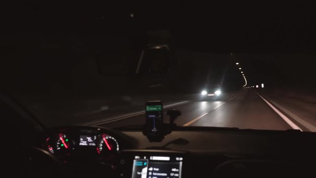 Car Driving Through laerdal Tunnel in the Norway.