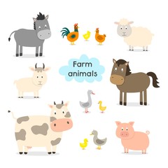 Fototapeta premium Farm animals set in flat style isolated on white background, vector illustration. Cute cartoon animals collection: sheep, goat, cow, donkey, horse, pig, cat, dog, duck, goose, chicken, hen, rooster.