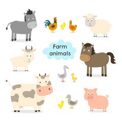 Farm animals set in flat style isolated on white background, vector illustration. Cute cartoon animals collection: sheep, goat, cow, donkey, horse, pig, cat, dog, duck, goose, chicken, hen, rooster.