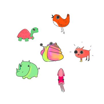 Colorful Cute Cartoon Happy set doodle animal isolated in white background. Cat Dog Hippo Rhino Crocodile. Cute characters for t-shirt printing